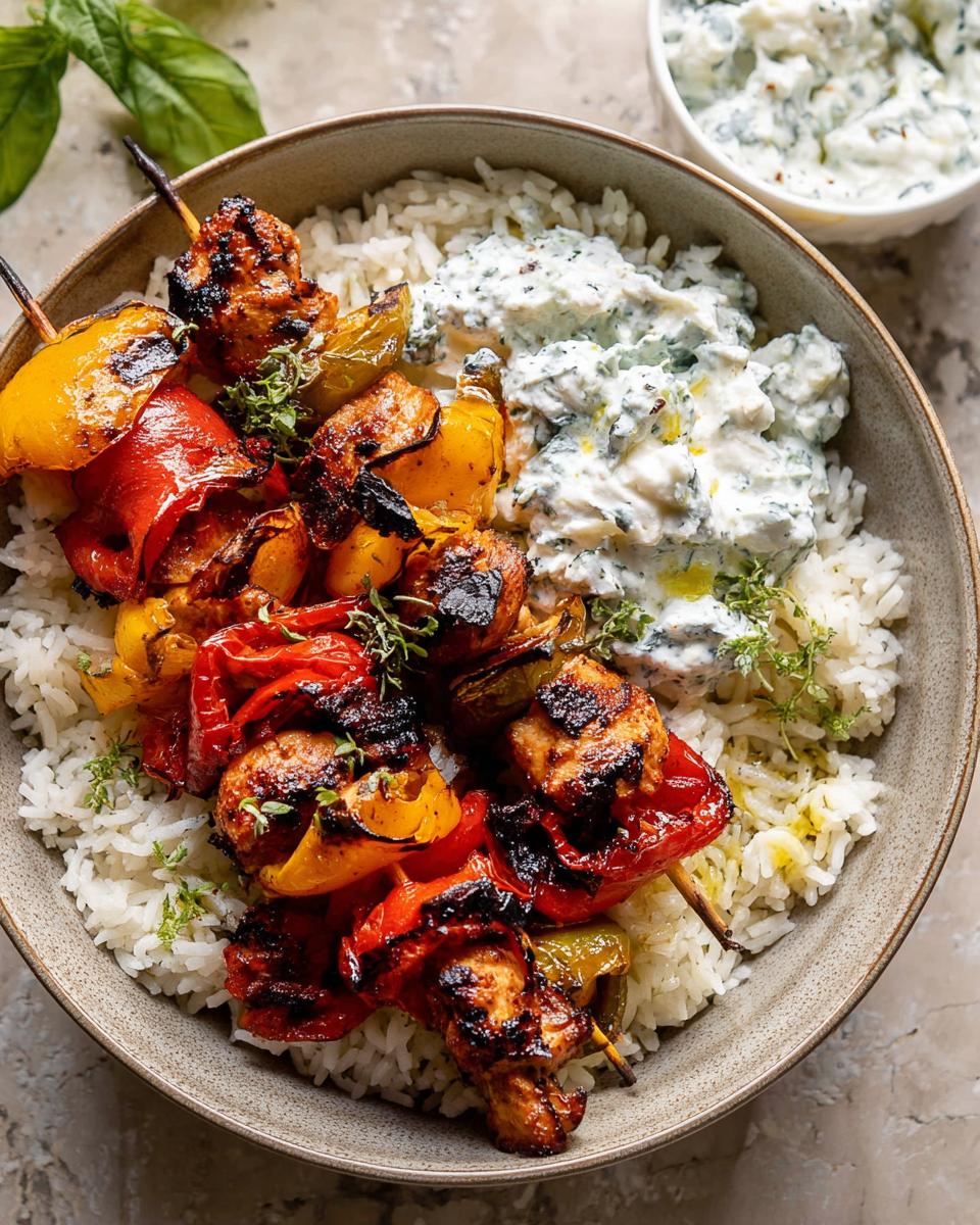 Amazing Chicken Tzatziki Rice Bowls in Just 7 Steps 4 Delicious Chicken Tzatziki Rice Bowls featuring grilled chicken skewers with colorful bell peppers served over fluffy white rice and a side of tzatziki sauce.