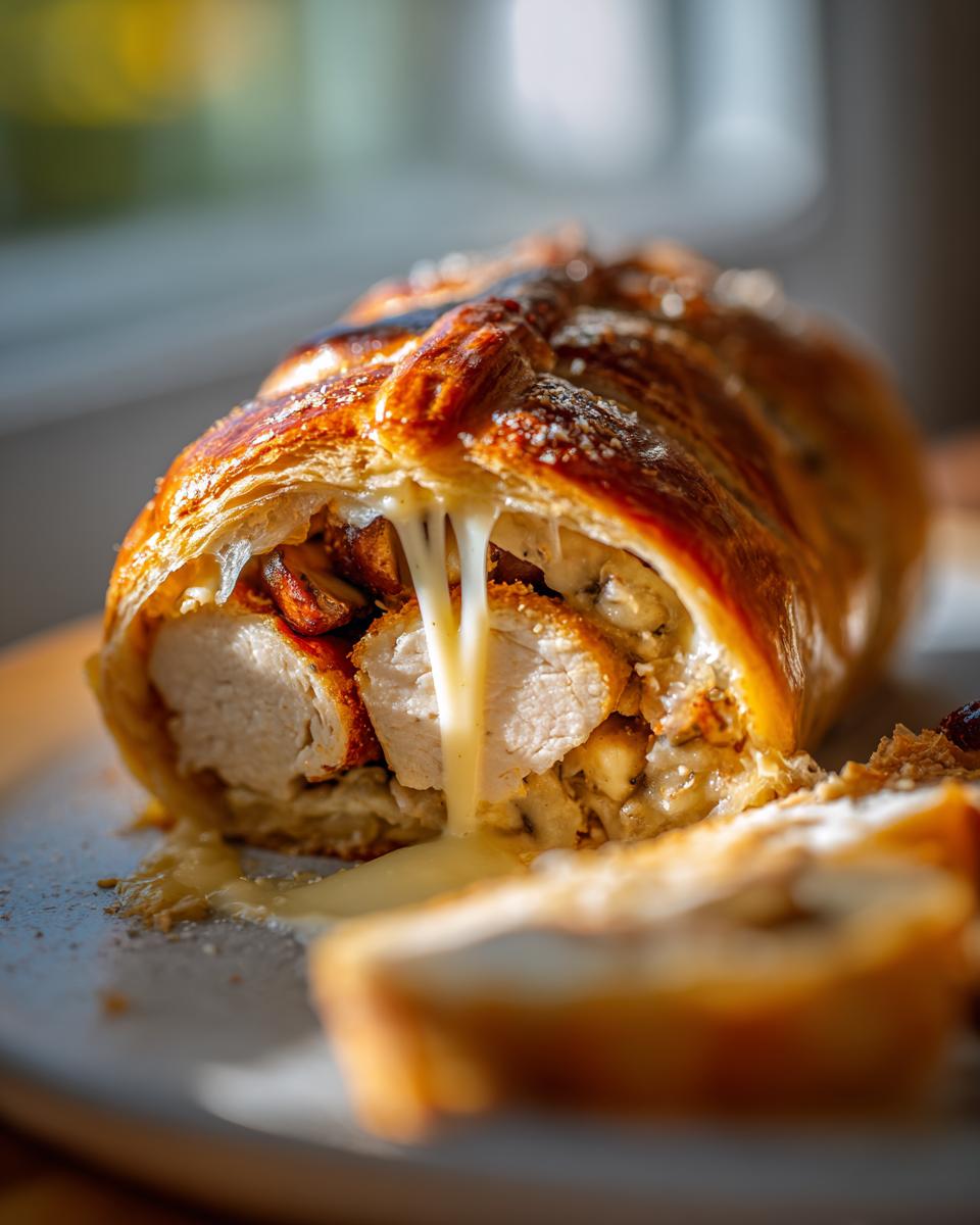 Amazing Chicken Wellington Dijon Cream Sauce 4 A close-up of Chicken Wellington with Dijon Cream Sauce, showing flaky pastry and tender chicken with melted cheese.