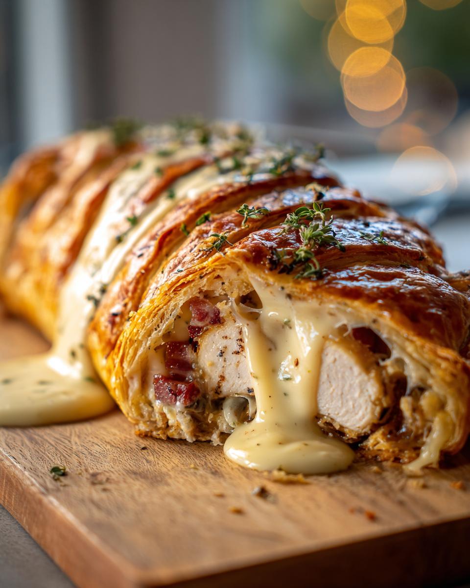 Amazing Chicken Wellington Dijon Cream Sauce 5 Close-up of a slice of Chicken Wellington with Dijon Cream Sauce, showing tender chicken and flaky pastry.