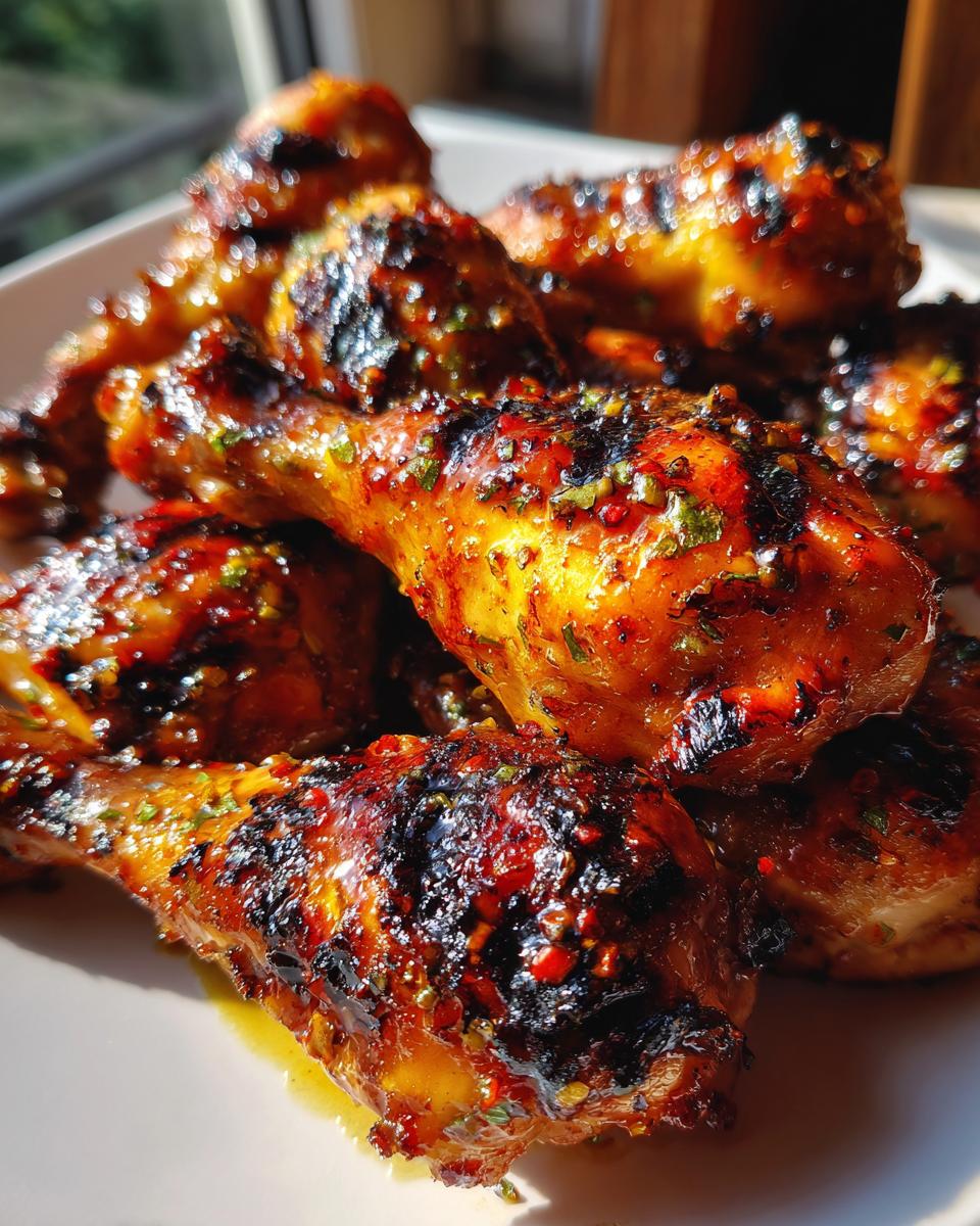 Amazing Chili Lime Chicken Drumsticks 30 Min 4 Close-up of glistening Chili Lime Chicken Drumsticks with visible chili flakes and herbs, perfectly grilled.