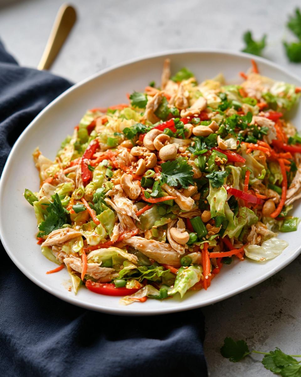 25-Minute Chinese Chicken Salad with Sesame Ginger Dressing 4 A vibrant Chinese Chicken Salad served on a white platter, featuring shredded chicken, cabbage, carrots, bell peppers, cashews, and cilantro.