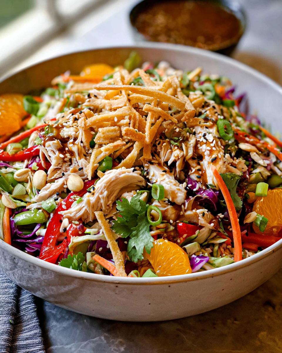 Irresistible Chinese Chicken Salad with 25-Minute Magic 5 A vibrant bowl of Chinese Chicken Salad featuring shredded chicken, colorful vegetables, mandarin oranges, and crispy wonton strips.