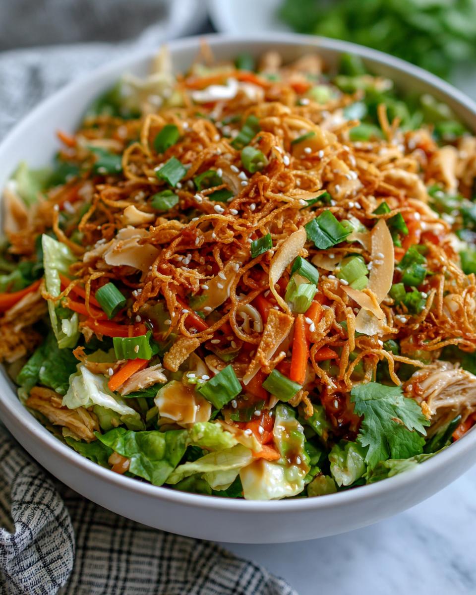 25-Minute Chinese Chicken Salad Crispy Sesame Ginger Recipe 4 A bowl of Chinese Chicken Salad with crispy noodles, shredded carrots, green onions, and sesame seeds.