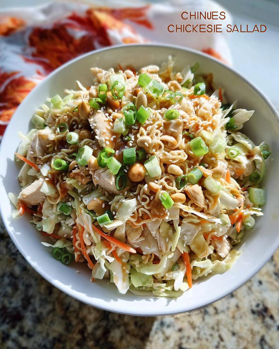 Perfect 10-Minute Chinese Chicken Salad with Crunchy Ramen 5 A bowl of Chinese Chicken Salad with Crunchy Ramen, topped with peanuts and green onions.