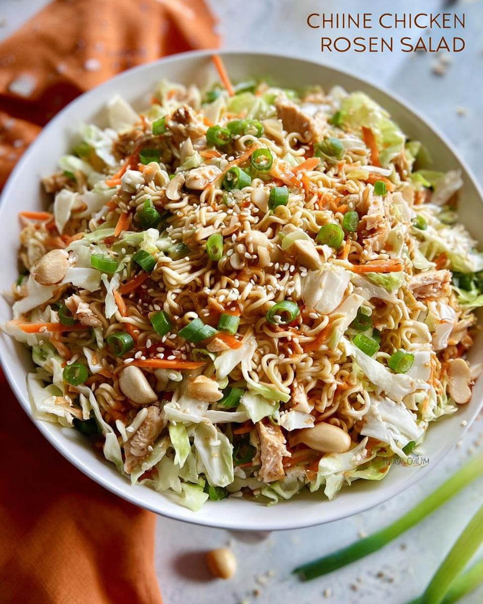 Perfect 10-Minute Chinese Chicken Salad with Crunchy Ramen 4 A close-up overhead view of a bowl of Chinese Chicken Salad with Crunchy Ramen, featuring shredded cabbage, chicken, carrots, peanuts, and sesame seeds.