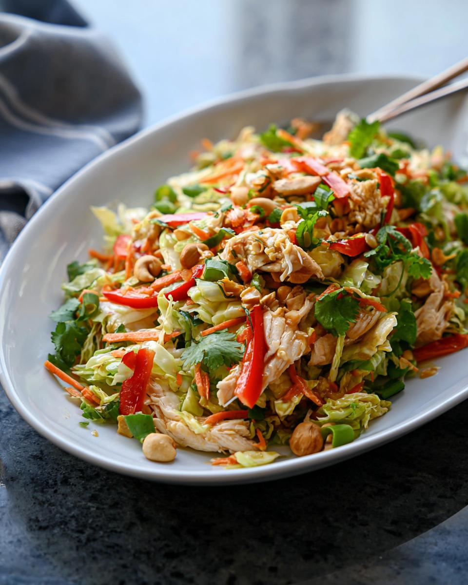 25-Minute Chinese Chicken Salad with Sesame Ginger Dressing 5 A vibrant Chinese Chicken Salad featuring shredded chicken, cabbage, carrots, red bell peppers, peanuts, and cilantro.