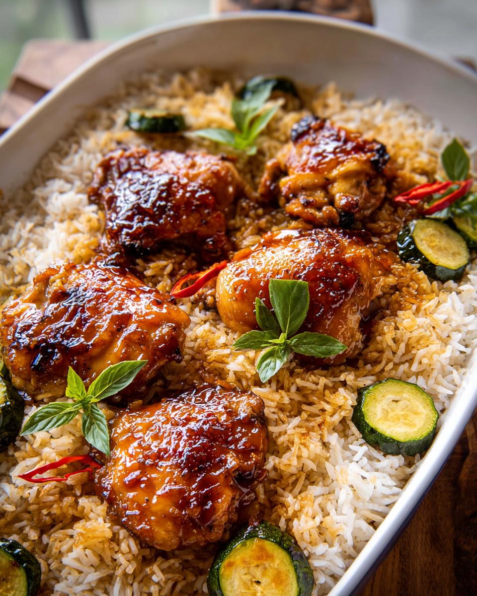 40-Minute Chipotle Honey Chicken and Rice One Pan Bliss 4 A close-up of a one-pan dish featuring glazed chipotle honey chicken thighs served over fluffy rice with zucchini slices and fresh basil.