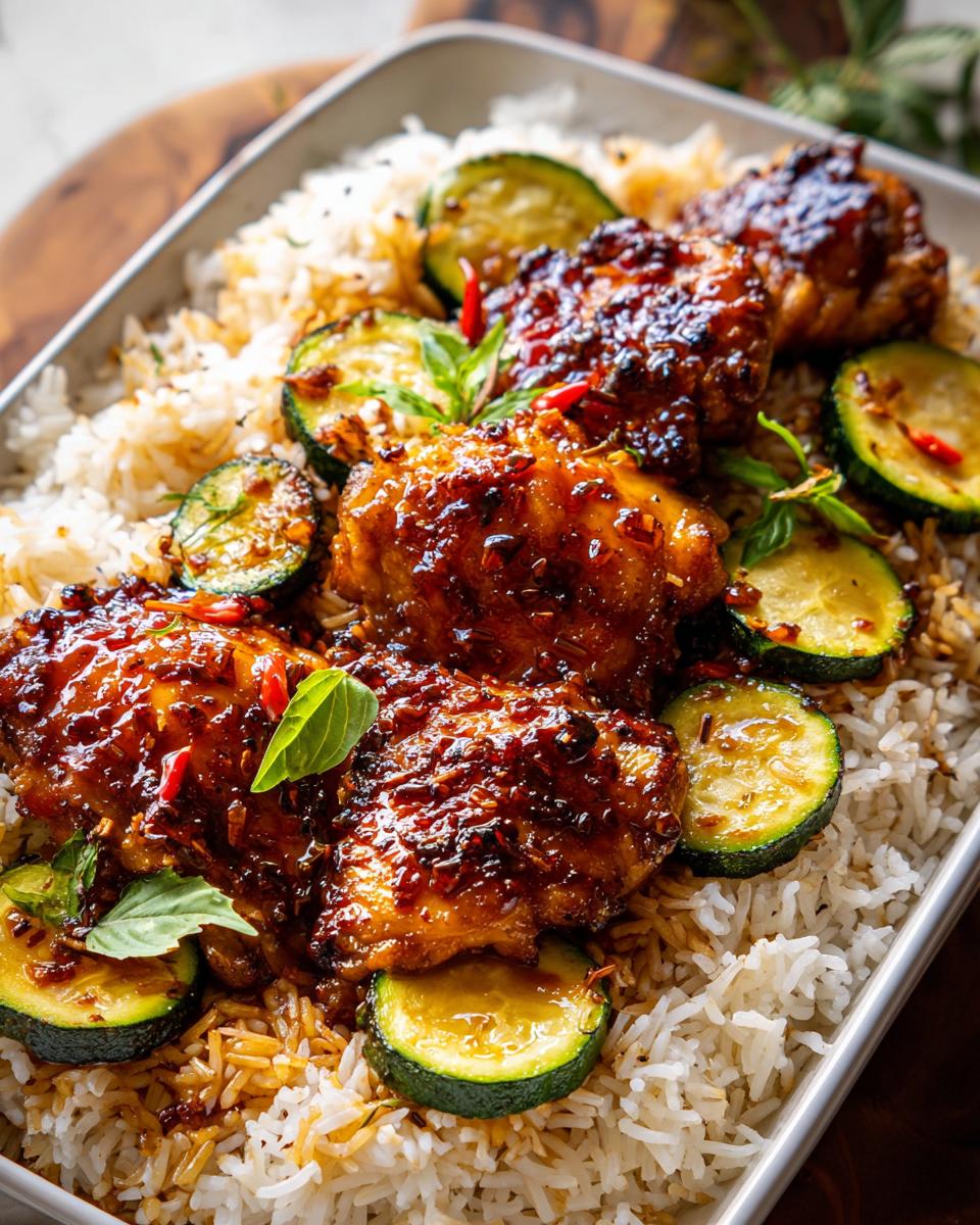40-Minute Chipotle Honey Chicken and Rice One Pan Bliss 5 A close-up of Chipotle Honey Chicken and Rice One Pan dish, featuring glazed chicken thighs over fluffy rice with zucchini slices and chili flakes.