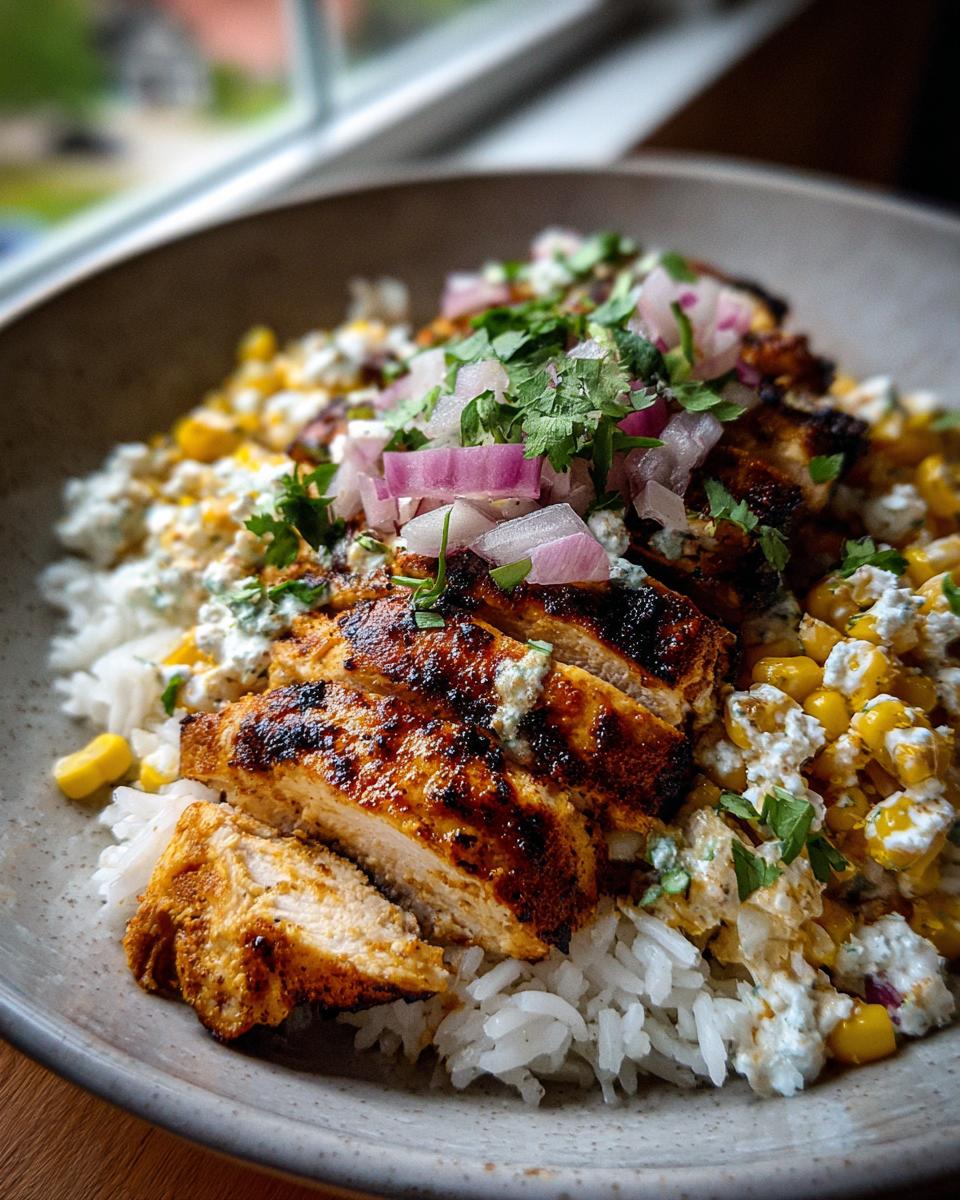 Amazing Chipotle Street Corn Chicken Rice Bowls 4 Close-up of Chipotle Street Corn Chicken Rice Bowls with grilled chicken, rice, corn, and red onion.