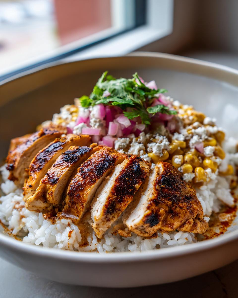 Amazing Chipotle Street Corn Chicken Rice Bowls 5 Close-up of Chipotle Street Corn Chicken Rice Bowls with sliced grilled chicken, corn, rice, crumbled cheese, and cilantro.