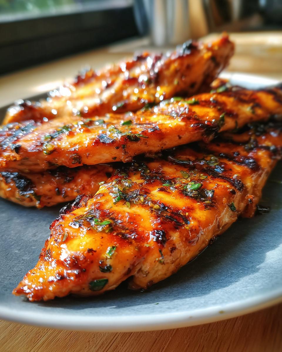 My 3-Hour Citrus Herb Chicken Marinade Recipe Magic 5 Close-up of grilled chicken tenders coated in a glistening Citrus Herb Chicken Marinade Recipe, with visible herbs.