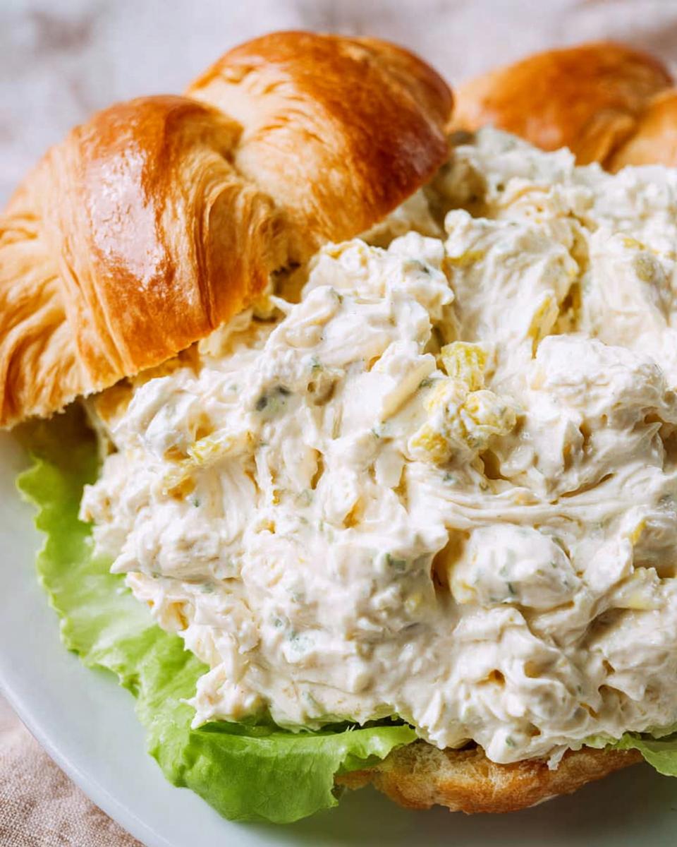 Perfect Classic Creamy Chicken Salad in 15 Minutes 5 A close-up of a croissant sandwich filled with Classic Creamy Chicken Salad with Eggs & Pickles on a bed of lettuce.