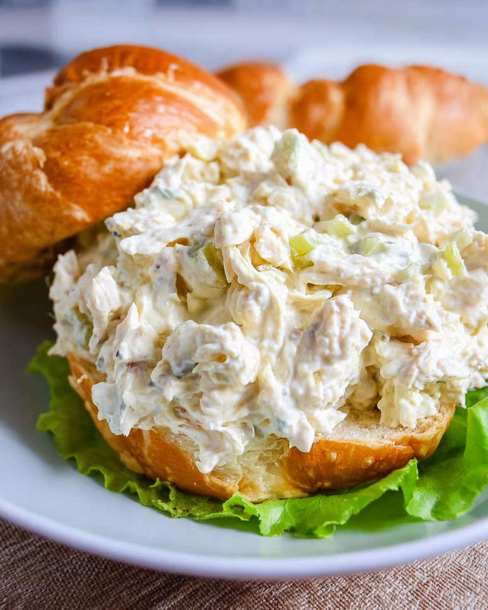 Perfect Classic Creamy Chicken Salad in 15 Minutes 4 A delicious Classic Creamy Chicken Salad with Eggs and Pickles piled high on a bun with lettuce.