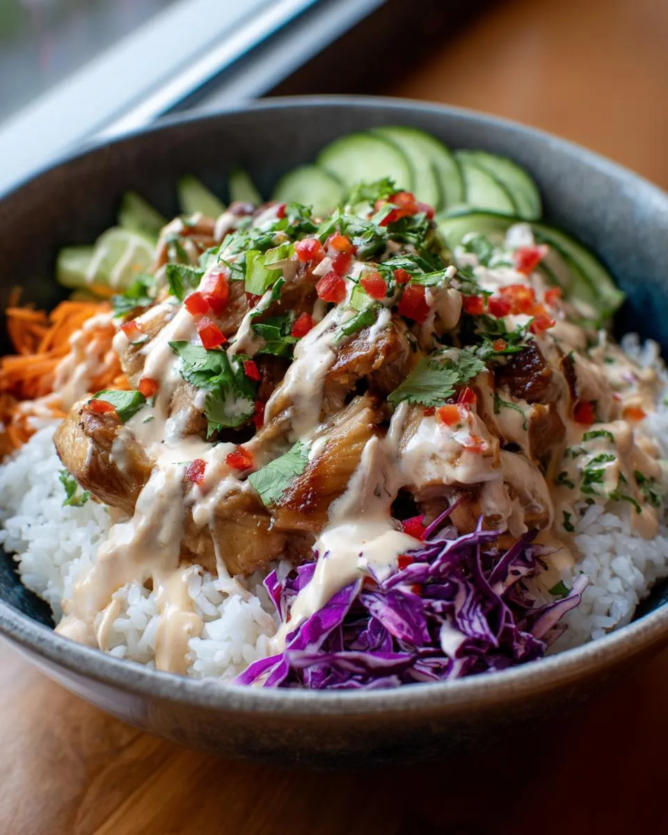 Amazing 30-min coconut lime chicken rice bowls 4 A close-up of delicious coconut lime chicken rice bowls, featuring tender chicken, fluffy rice, and fresh toppings.