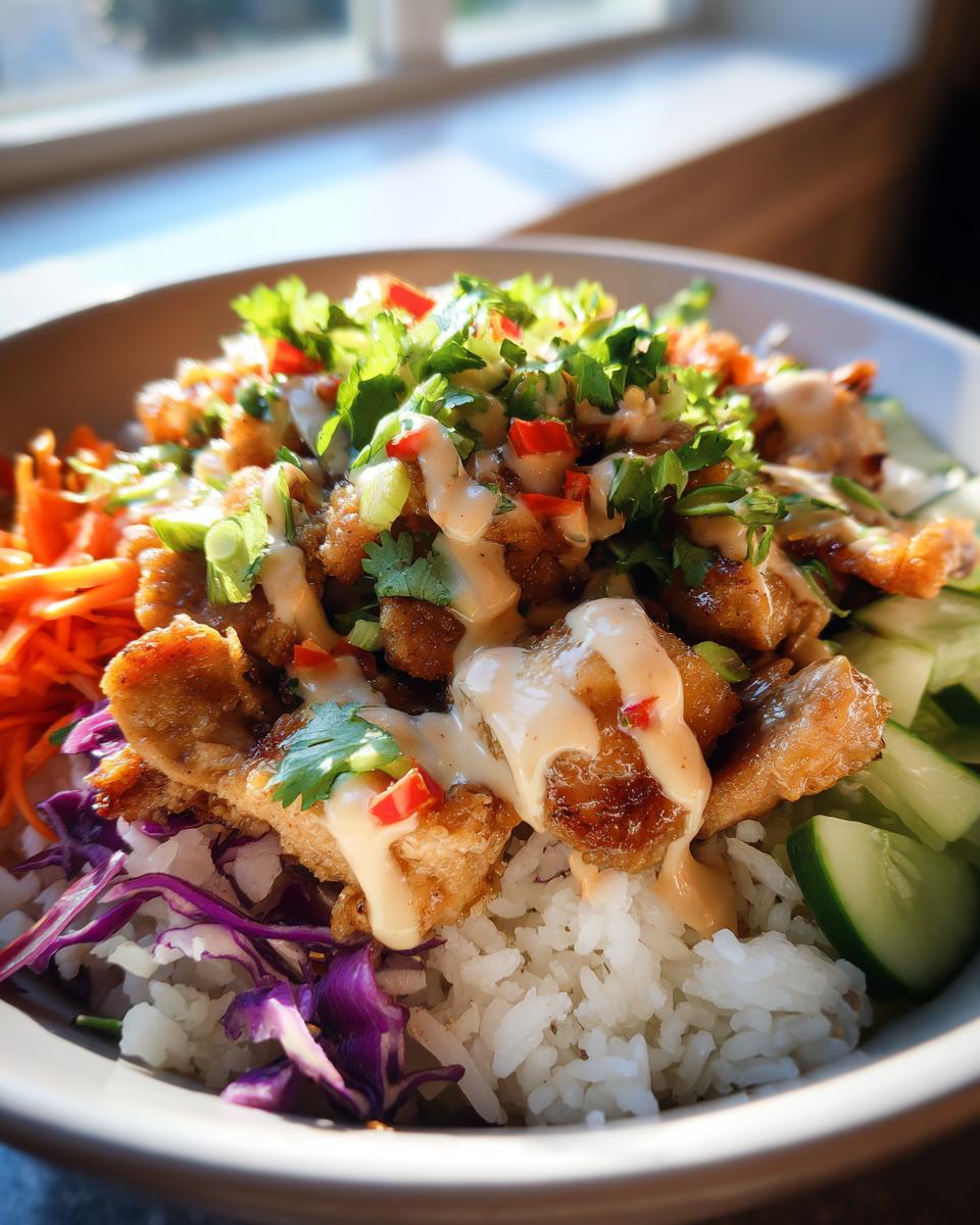 Amazing 30-min coconut lime chicken rice bowls 5 Close-up of a delicious coconut lime chicken rice bowl, featuring crispy chicken, white rice, shredded carrots, cucumber, red cabbage, and a creamy sauce.