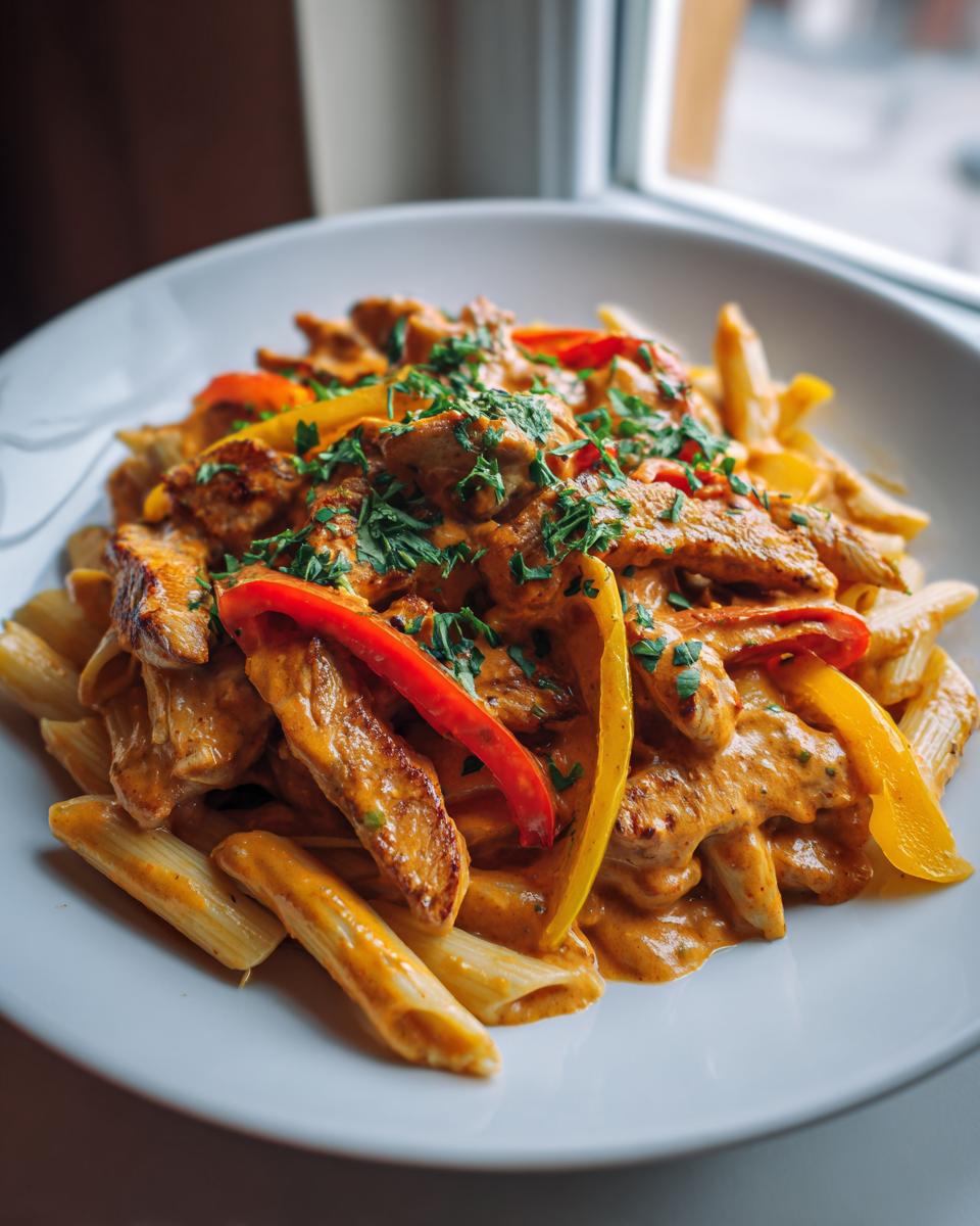 Amazing Creamy Cajun Chicken Pasta in 35 Minutes 4 A close-up of creamy Cajun chicken pasta with sliced bell peppers and fresh parsley.