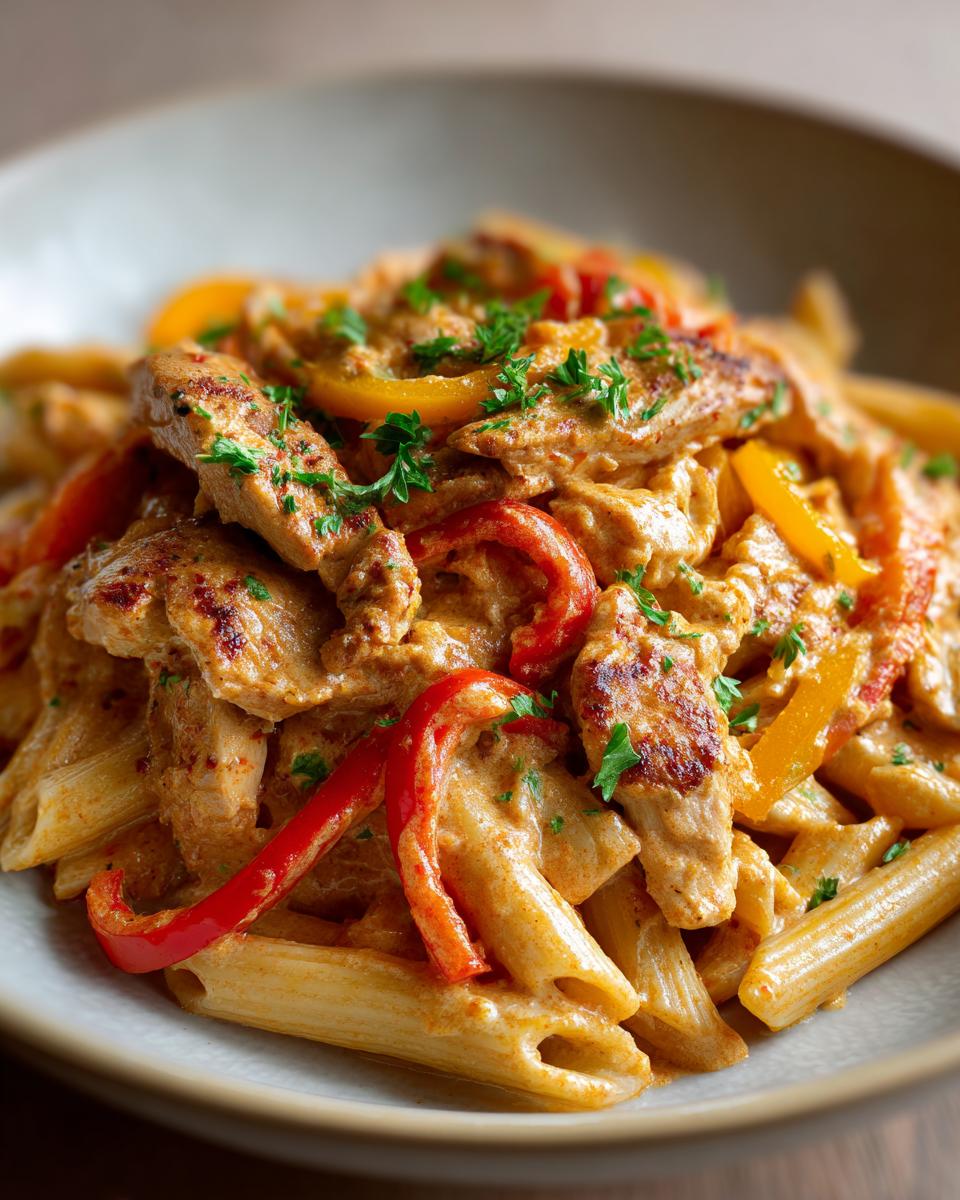 Amazing Creamy Cajun Chicken Pasta in 35 Minutes 5 A close-up of creamy Cajun chicken pasta with sliced bell peppers and parsley.