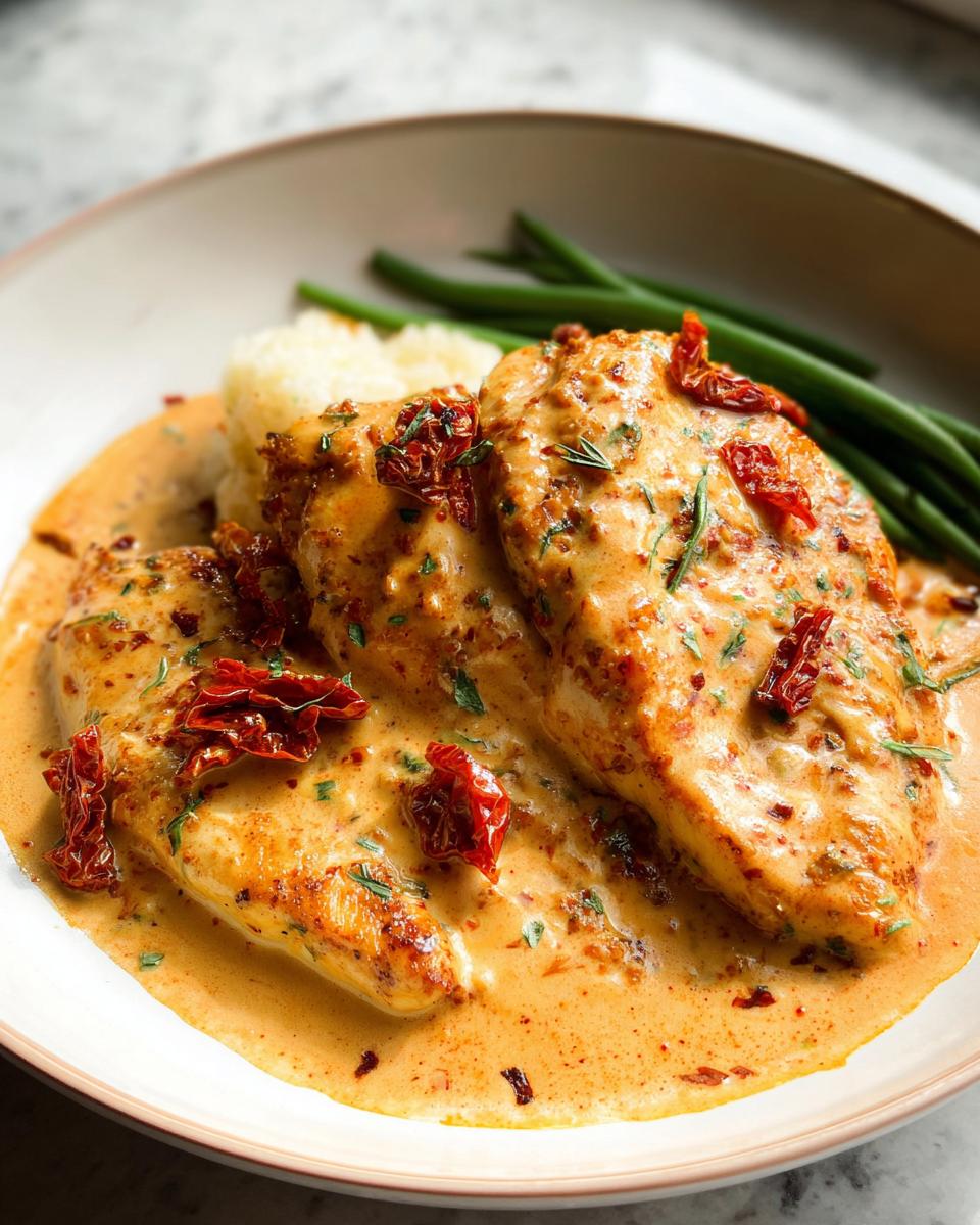 30-Minute Creamy Cajun Chicken with Sun-Dried Tomatoes 5 Close-up of Creamy Cajun Chicken with Sun-Dried Tomatoes served with mashed potatoes and green beans.