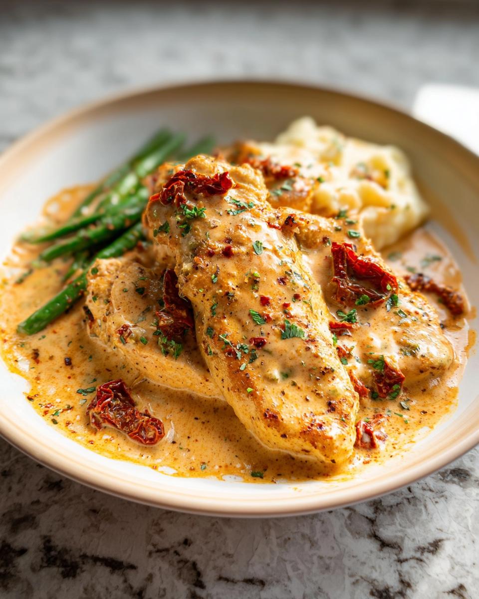 30-Minute Creamy Cajun Chicken with Sun-Dried Tomatoes 4 A plate of Creamy Cajun Chicken with Sun-Dried Tomatoes served with mashed potatoes and green beans.