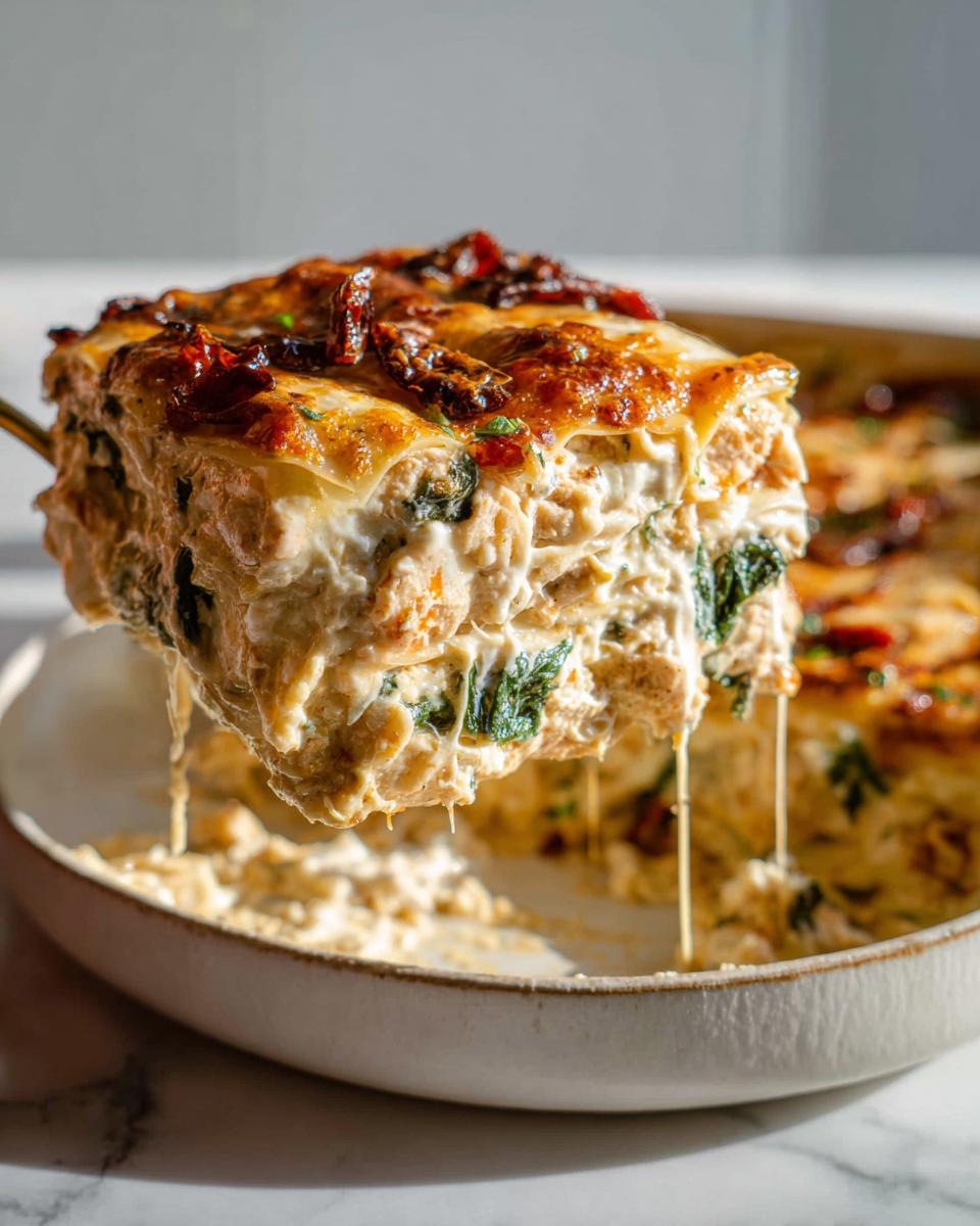 Unbeatable Creamy Chicken Lasagna with Sun Dried Tomatoes 4 A generous slice of Creamy Chicken Lasagna with Sun Dried Tomatoes being lifted from a baking dish, showing layers of pasta, chicken, and cheese.