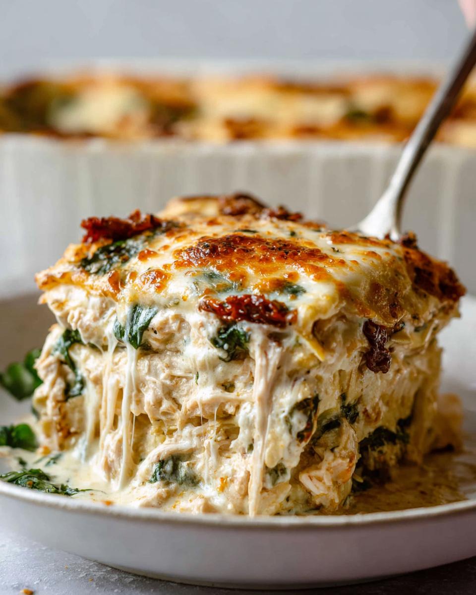 Unbeatable Creamy Chicken Lasagna with Sun Dried Tomatoes 5 A generous slice of Creamy Chicken Lasagna with Sun Dried Tomatoes, showing layers of pasta, chicken, spinach, and melted cheese.