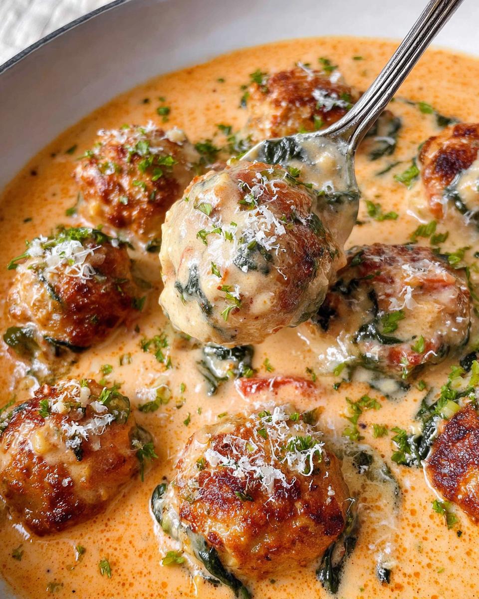 Amazing Creamy Chicken Meatballs Recipe for 4 4 Close-up of delicious creamy chicken meatballs in a rich sauce, garnished with parsley and cheese.