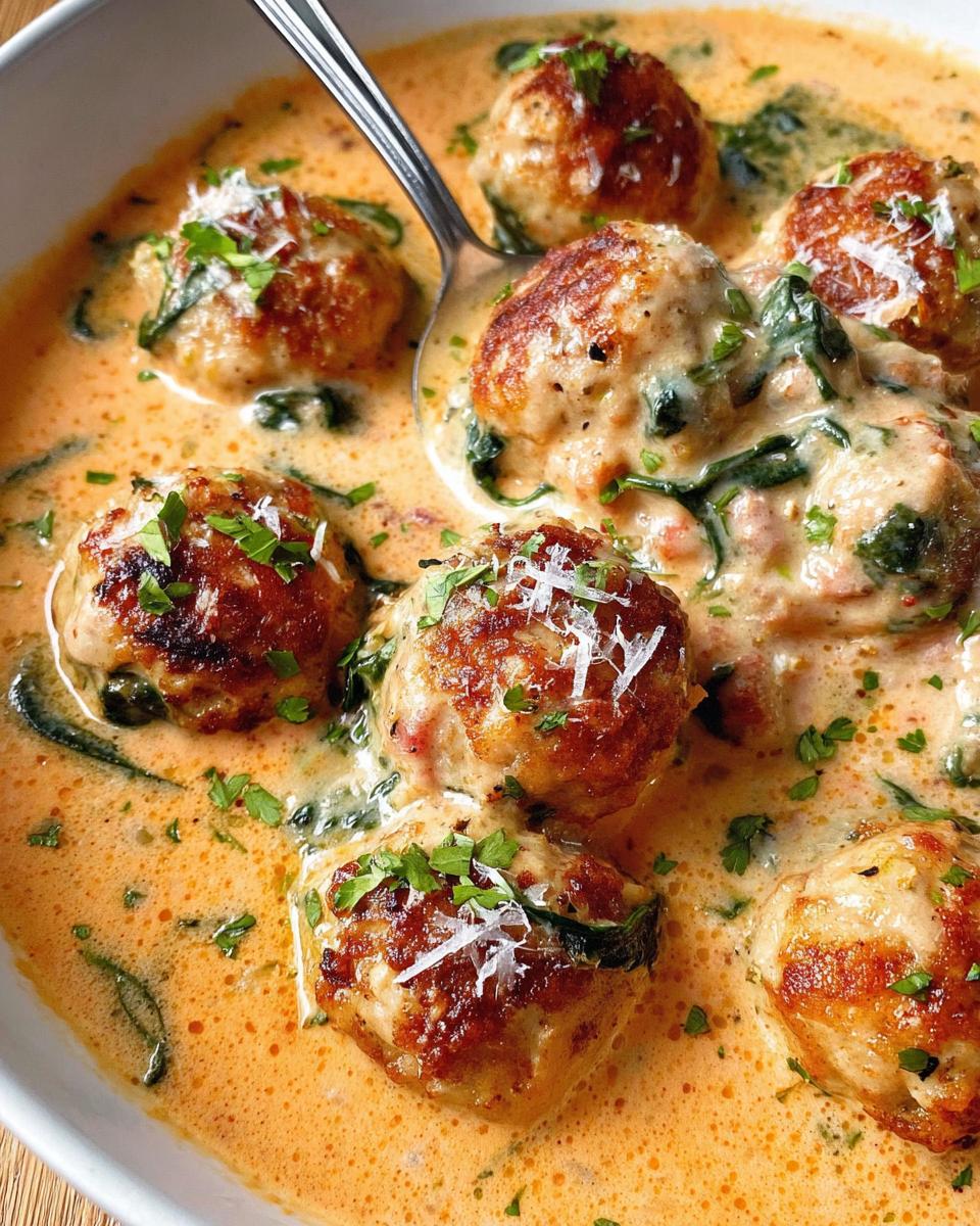 Amazing Creamy Chicken Meatballs Recipe for 4 5 Close-up of golden brown Creamy Chicken Meatballs swimming in a rich, creamy sauce with spinach and grated Parmesan.