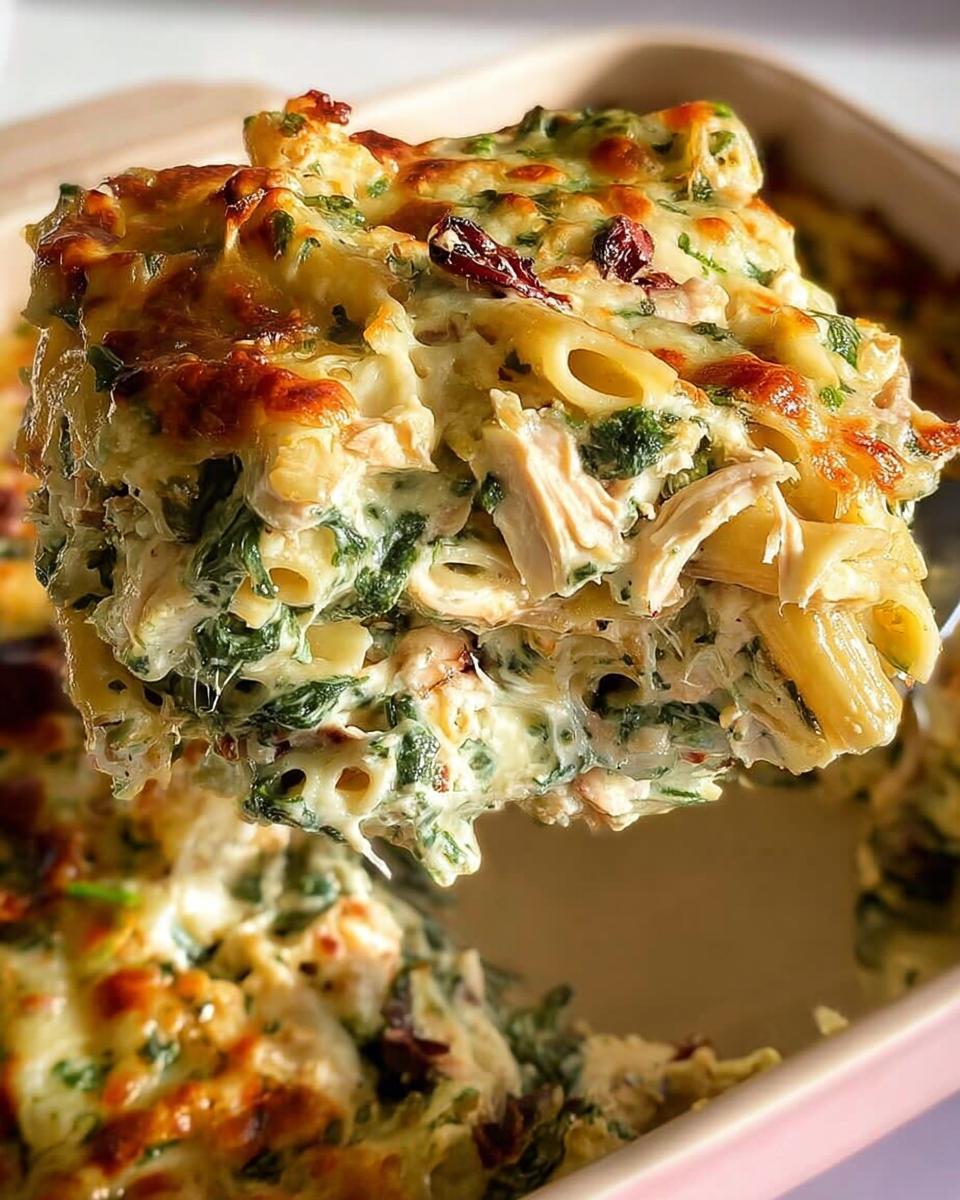 Irresistible Creamy Chicken Pasta Bake with Spinach 5 A serving spoon lifts a generous portion of Creamy Chicken Pasta Bake with Spinach, showing pasta, chicken, and melted cheese.