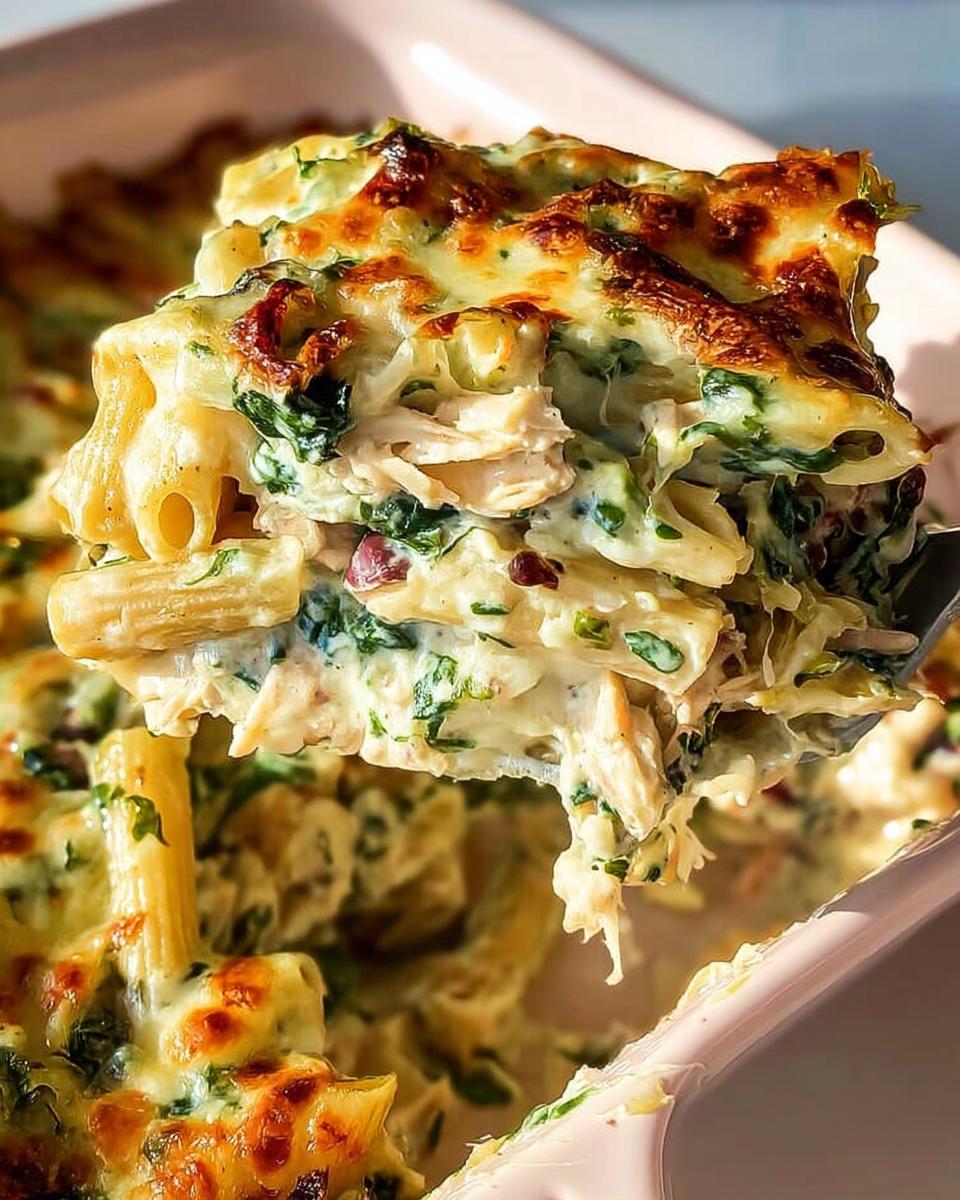 Irresistible Creamy Chicken Pasta Bake with Spinach 4 A serving of creamy chicken pasta bake with spinach, showing penne pasta, shredded chicken, and melted cheese.
