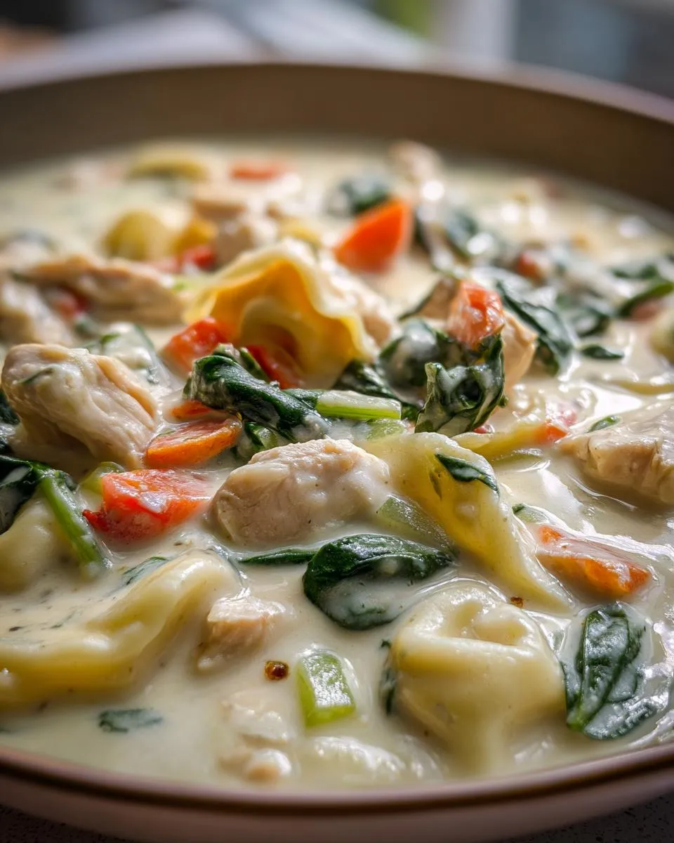 Creamy Chicken Tortellini Soup: 35 Min Masterpiece 4 A close-up, overhead view of a bowl of creamy chicken tortellini soup with spinach and carrots.