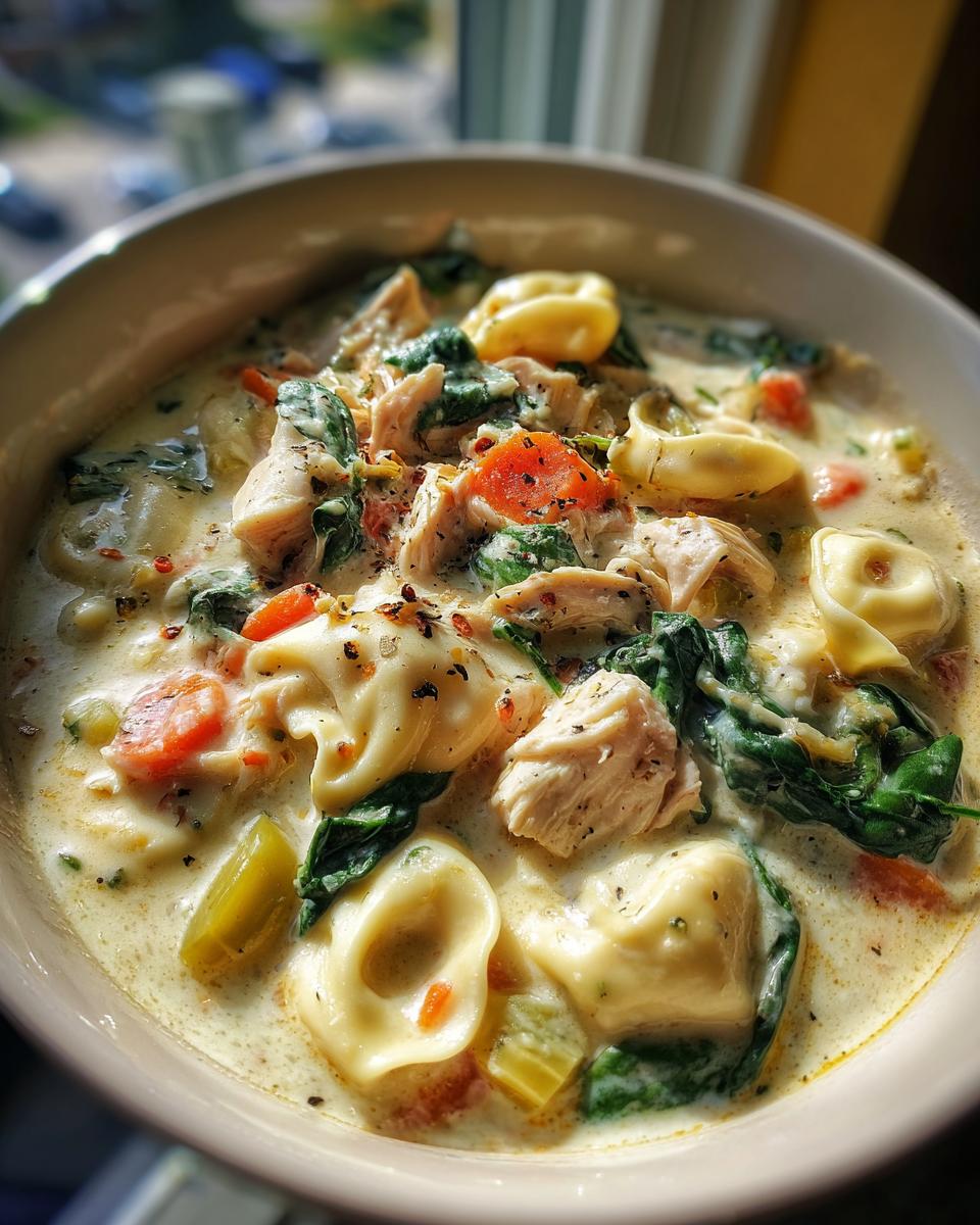 Creamy Chicken Tortellini Soup: 35 Min Masterpiece 5 A close-up view of a bowl of creamy chicken tortellini soup with spinach, carrots, and chicken pieces.