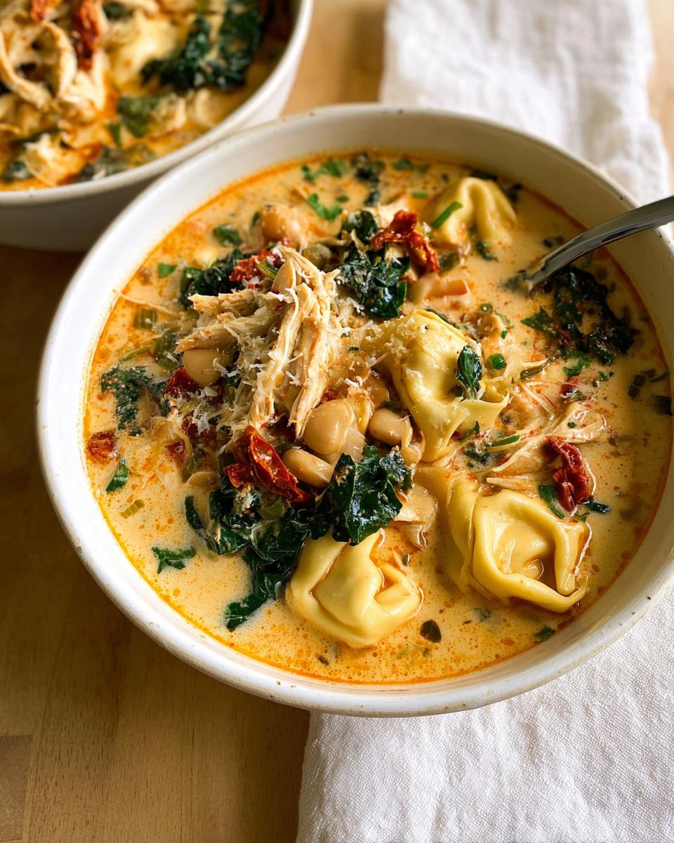 35-Minute Magical Creamy Chicken Tortellini Soup with Kale 4 A bowl of Creamy Chicken Tortellini Soup with Kale, filled with tortellini, shredded chicken, kale, and sun-dried tomatoes.