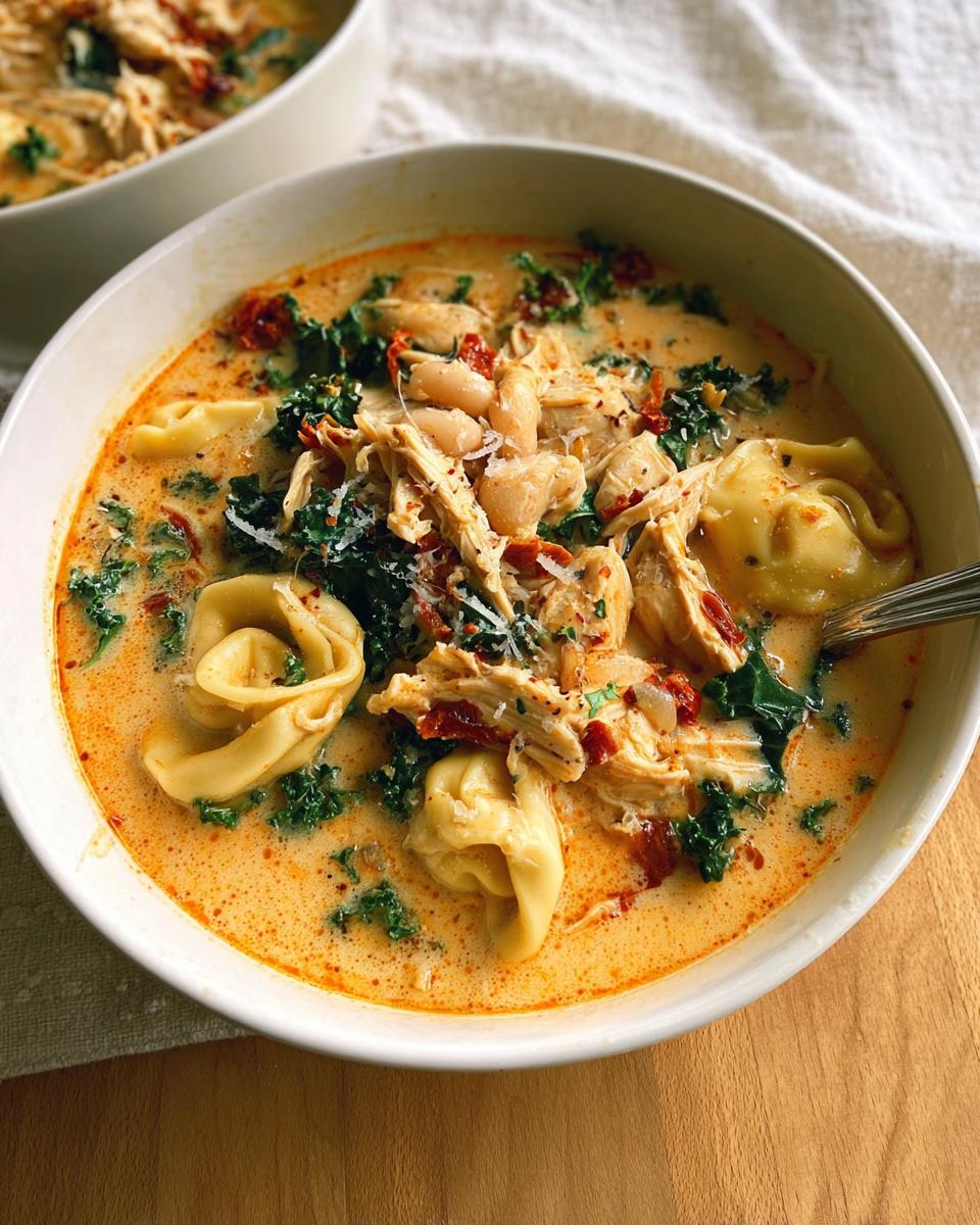 35-Minute Magical Creamy Chicken Tortellini Soup with Kale 5 A bowl of Creamy Chicken Tortellini Soup with Kale, featuring tortellini, shredded chicken, kale, and sun-dried tomatoes.