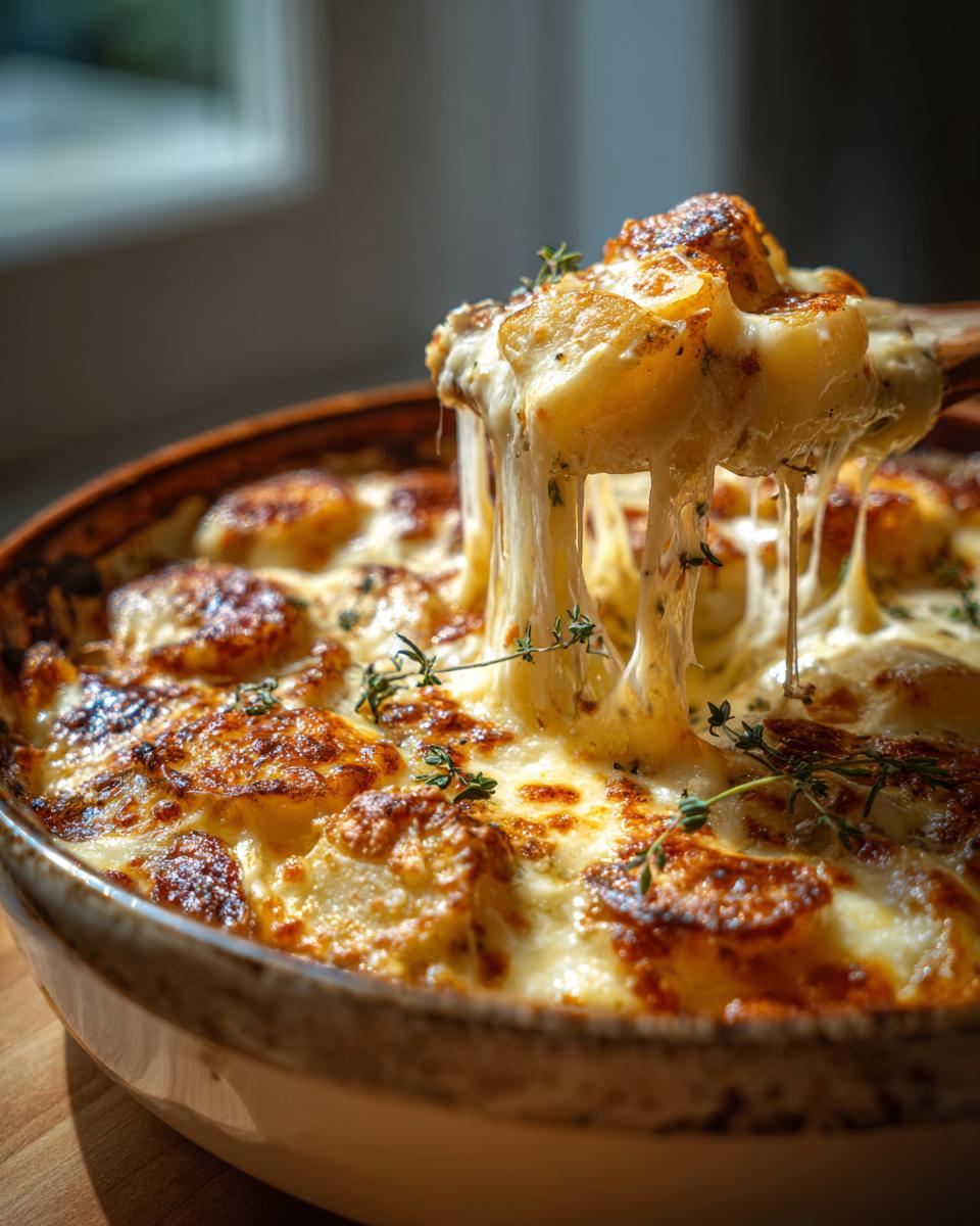 Amazing Creamy Dijon Chicken Potato Bake Casserole 5 A spoonful lifting a cheesy portion of creamy dijon chicken potato bake casserole, showing melted cheese strings.