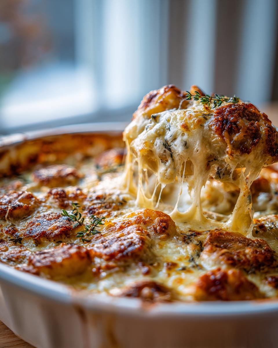 Amazing Creamy Dijon Chicken Potato Bake Casserole 4 A scoop of creamy dijon chicken potato bake casserole being lifted, showing melted cheese strings and golden-brown potatoes.