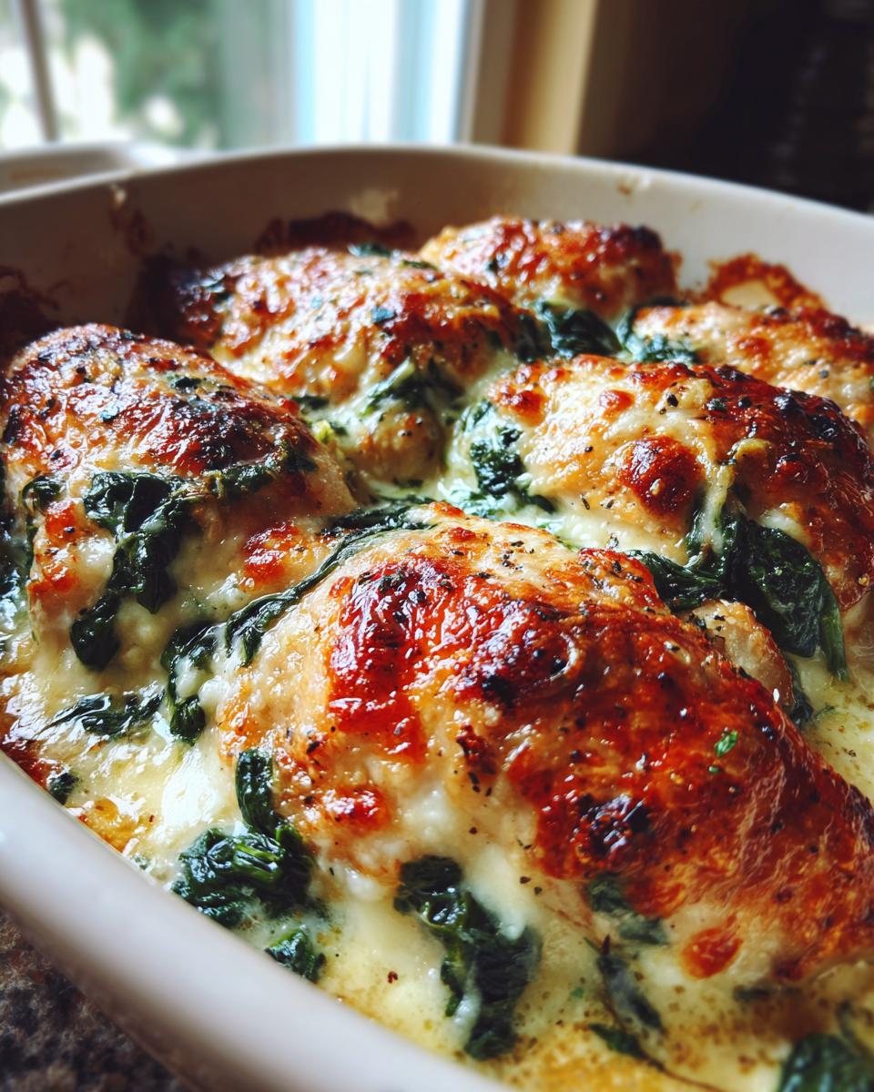 Amazing Creamy Garlic Parmesan Chicken Bake 4 Close-up of a creamy garlic parmesan chicken bake with golden brown chicken and wilted spinach in a creamy sauce.