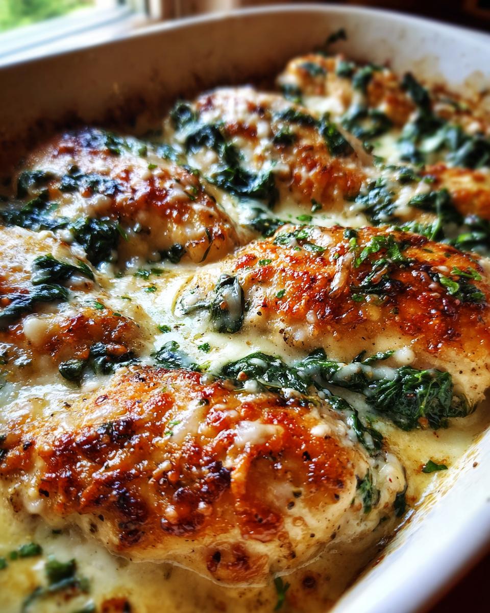 Amazing Creamy Garlic Parmesan Chicken Bake 5 Close-up of a creamy garlic parmesan chicken bake with golden-brown chicken breasts and melted cheese, topped with spinach and parsley.