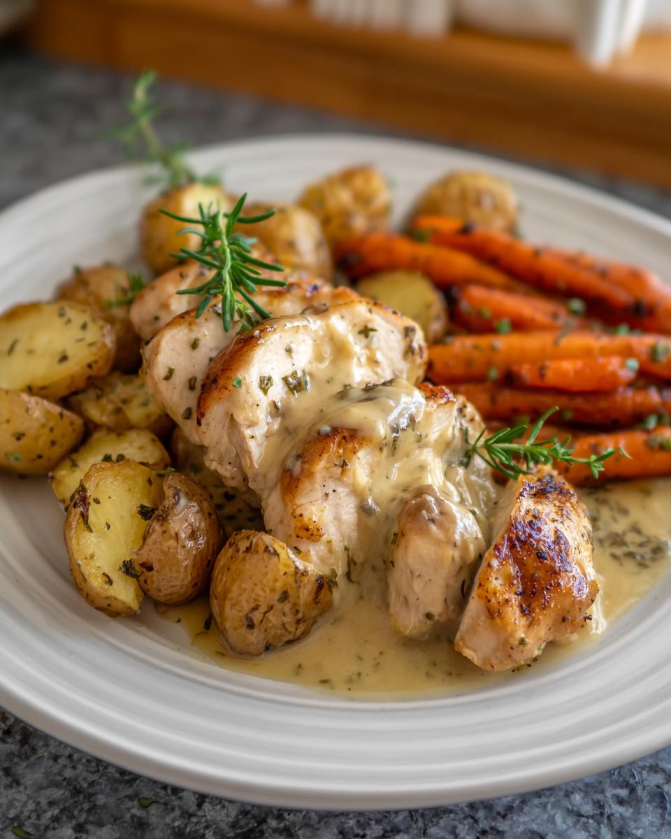 Perfect 20-Minute Creamy Herb Chicken and Potatoes Skillet 4 A plate of creamy herb chicken and potatoes skillet with roasted carrots and rosemary garnish.