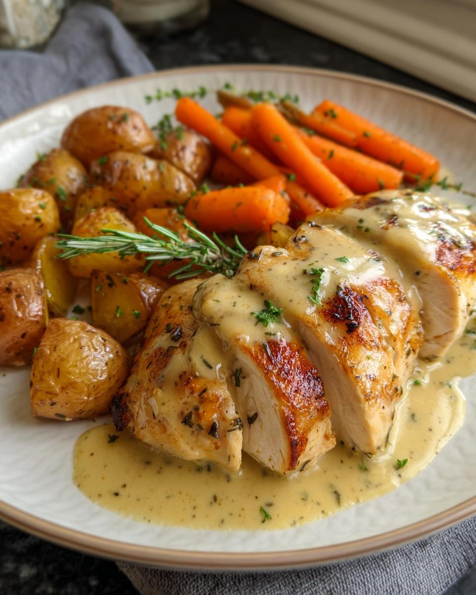 Perfect 20-Minute Creamy Herb Chicken and Potatoes Skillet 5 A close-up of a creamy herb chicken and potatoes skillet meal, featuring sliced chicken breast with creamy herb sauce, roasted potatoes, and carrots.