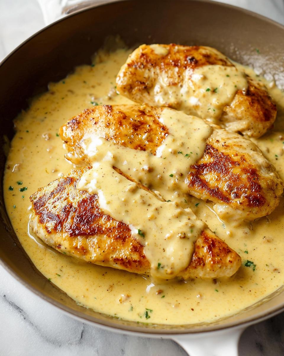 Easy 30-Minute Creamy Honey Mustard Chicken Skillet 4 Three golden-brown chicken breasts in a creamy honey mustard sauce in a skillet, garnished with parsley.
