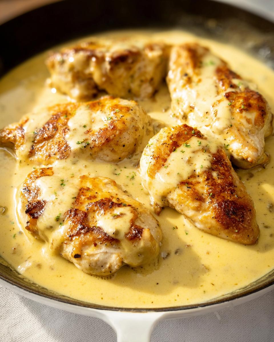 Easy 30-Minute Creamy Honey Mustard Chicken Skillet 5 Close-up of golden-brown chicken breasts in a creamy honey mustard sauce in a skillet.