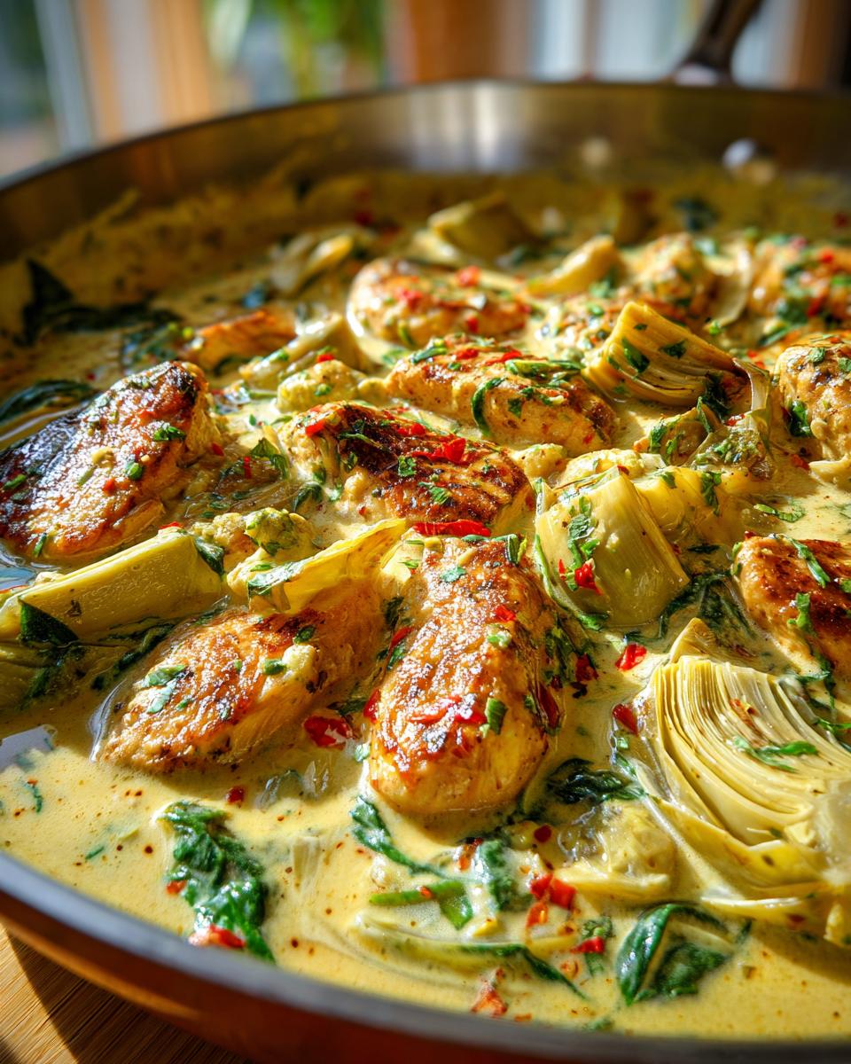 Amazing Creamy Lemon Artichoke Chicken in 40 Mins 5 Close-up of Creamy Lemon Artichoke Chicken in a pan, featuring golden-brown chicken pieces, artichoke hearts, and spinach in a rich sauce.