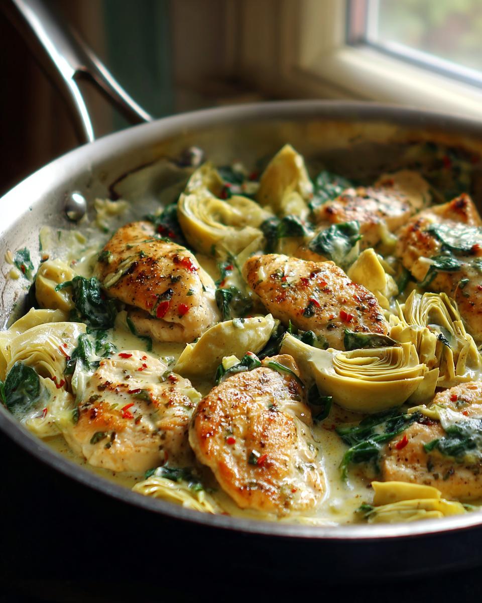 Amazing Creamy Lemon Artichoke Chicken in 40 Mins 4 A close-up of pan-seared chicken breasts in a creamy lemon artichoke sauce with spinach and artichoke hearts.