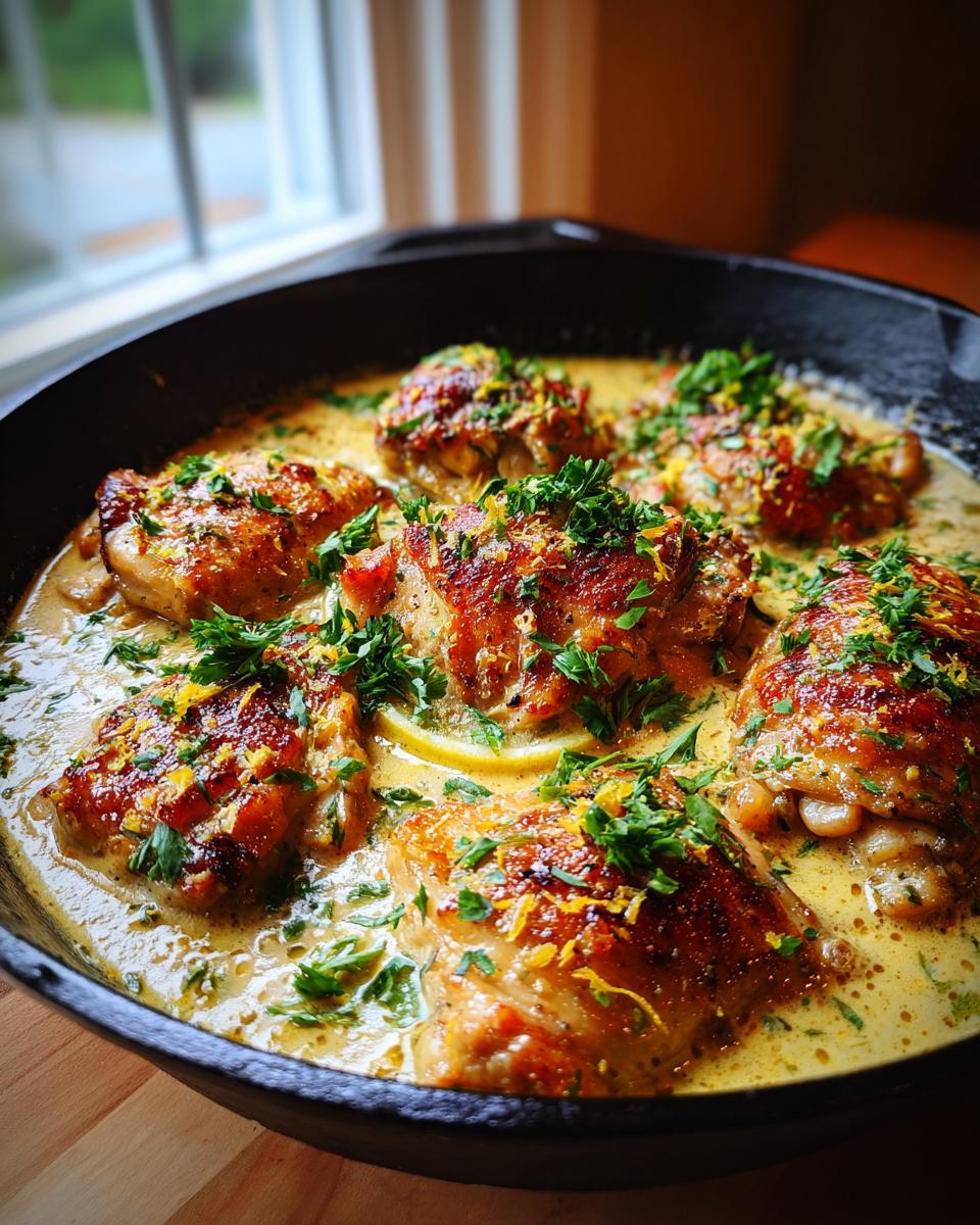 Amazing creamy lemon garlic chicken thighs 4 Close-up of juicy creamy lemon garlic chicken thighs in a cast iron skillet, garnished with parsley and lemon zest.