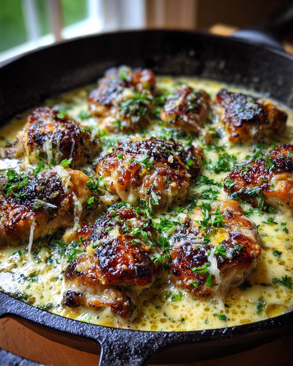 Amazing creamy lemon garlic chicken thighs 5 Close-up of juicy creamy lemon garlic chicken thighs in a cast iron skillet, topped with melted cheese and fresh parsley.