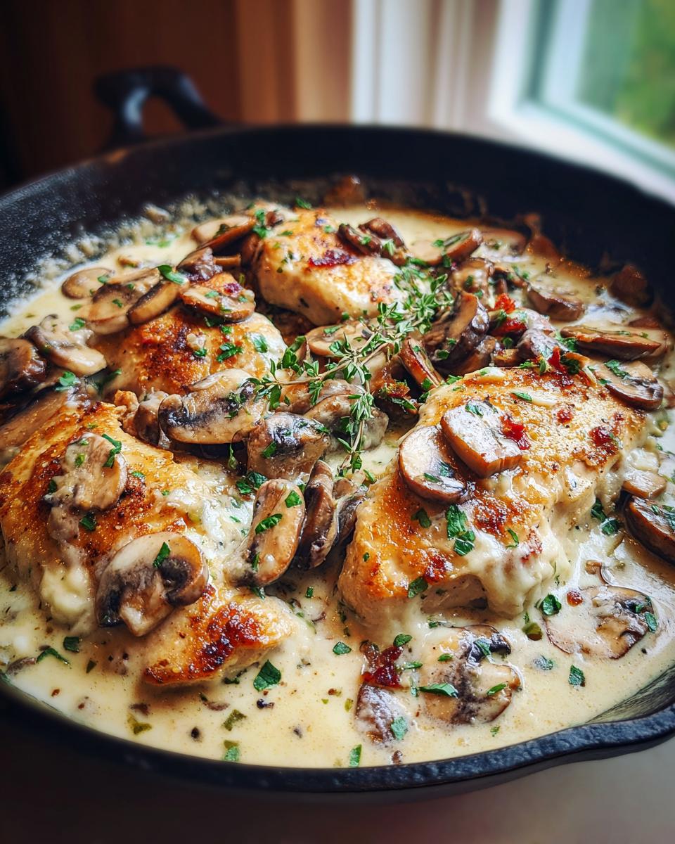 Amazing Creamy Mushroom Thyme Chicken Skillet 4 Close-up of a creamy mushroom thyme chicken skillet, featuring golden-brown chicken breasts in a rich sauce with sliced mushrooms and fresh thyme.