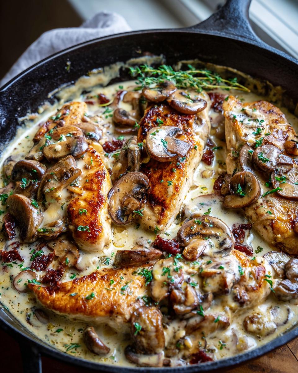 Amazing Creamy Mushroom Thyme Chicken Skillet 5 Close-up of pan-seared chicken breasts in a creamy mushroom and thyme sauce in a cast-iron skillet.