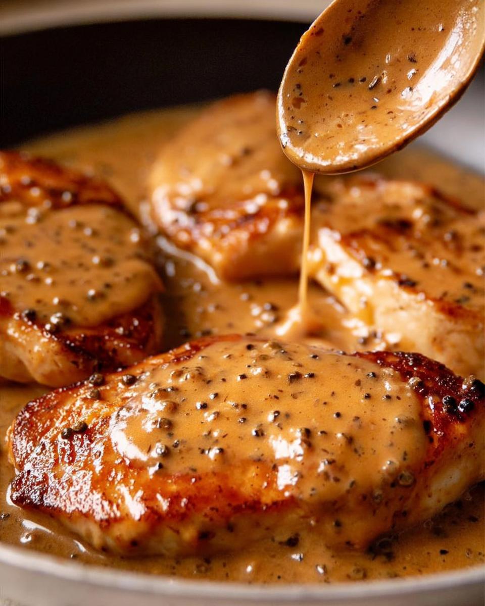 Amazing 30-Minute Creamy Peppercorn Chicken Skillet 4 Close-up of juicy chicken breasts in a creamy peppercorn sauce in a skillet, with a spoon drizzling more sauce.