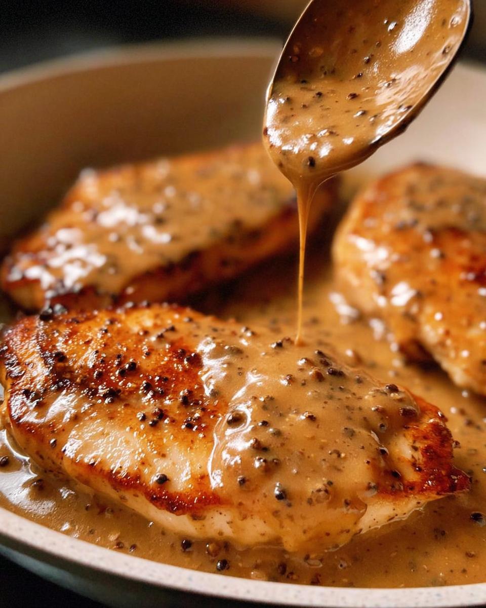 Amazing 30-Minute Creamy Peppercorn Chicken Skillet 5 A spoon pouring rich, creamy peppercorn sauce over perfectly cooked chicken breasts in a skillet.