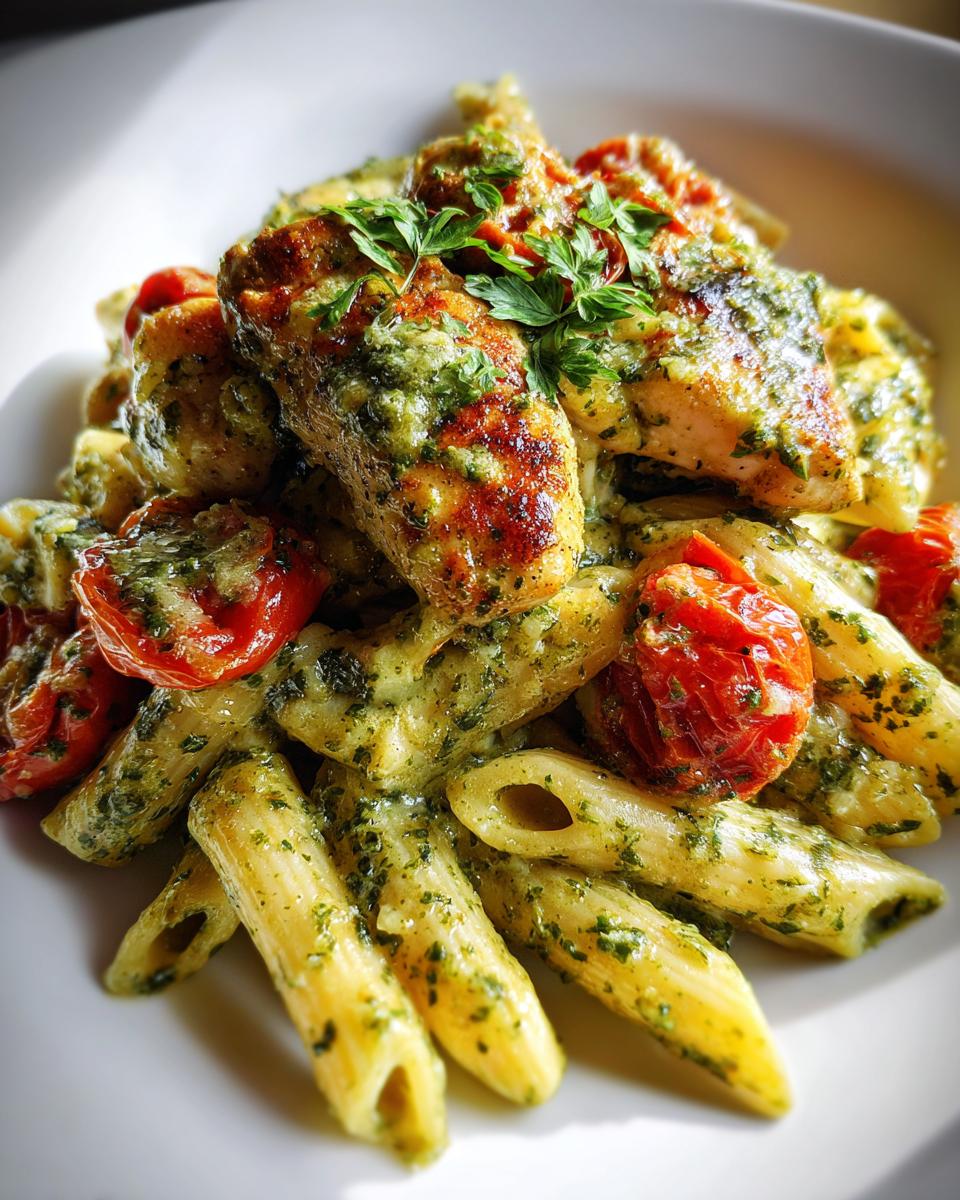 Amazing creamy pesto chicken pasta in 40 mins 5 A close-up of creamy pesto chicken pasta with penne, grilled chicken pieces, and roasted cherry tomatoes, garnished with fresh parsley.